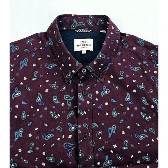 Ben Sherman Size Large Mens Burgundy Paisley Button Down Long Sleeve Logo Shirt - Picture 12 of 12